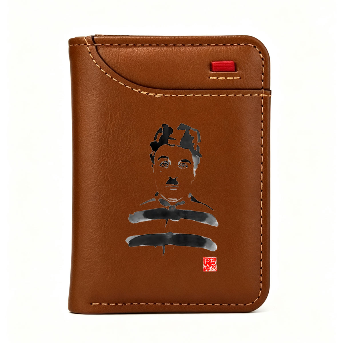Abstract Ink Portrait of a Figure with Traditional Attire and Red Seal - Vertical Style Wallet