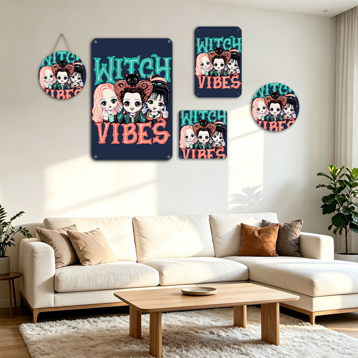 Witch Vibes: Three Magical Girls with Cat and Gothic Style - painting