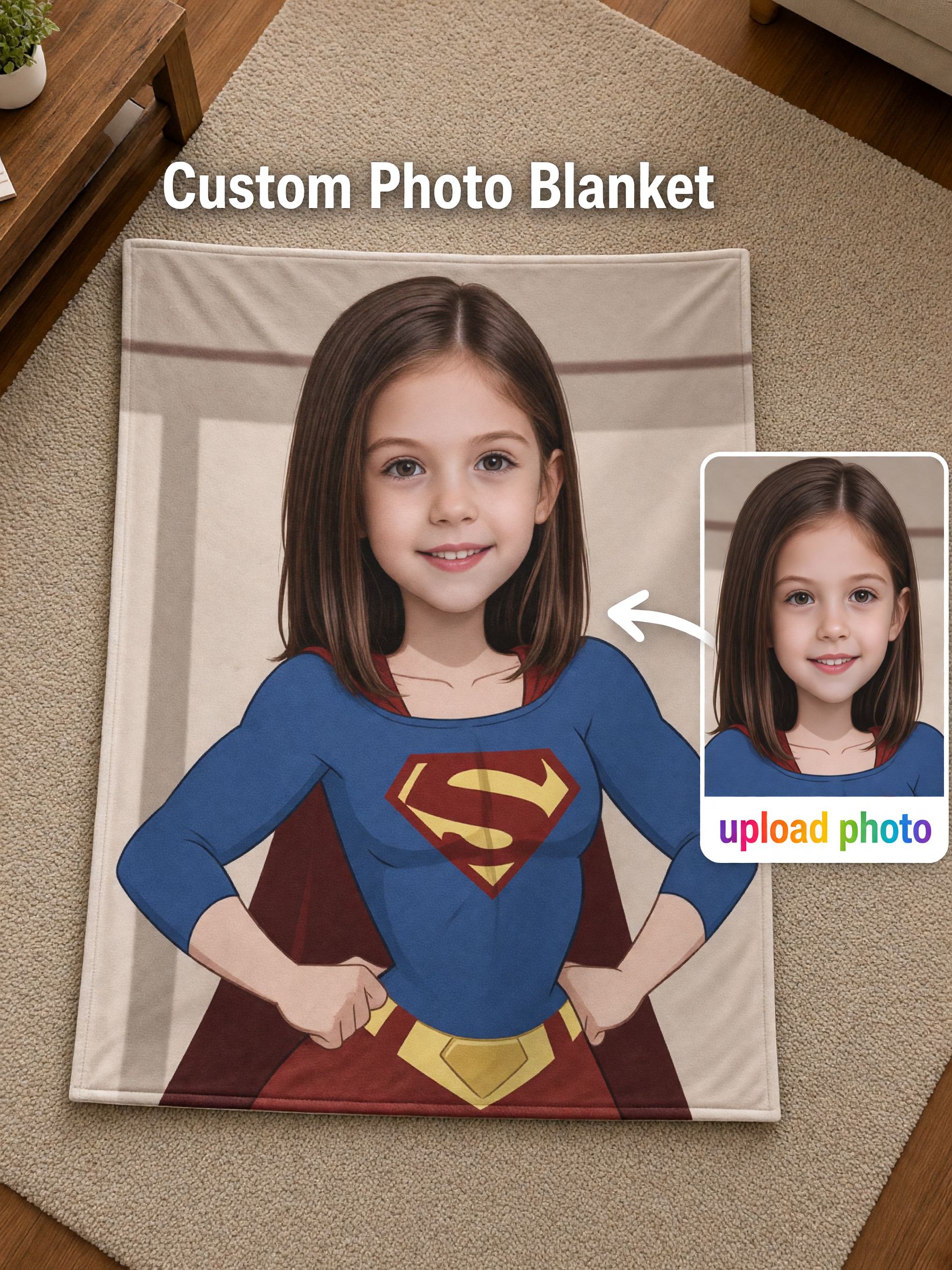 Personalized Superhero Face Blanket, Custom Photo Print Soft Flannel Throw, Cozy Keepsake Gift for Kids and Family