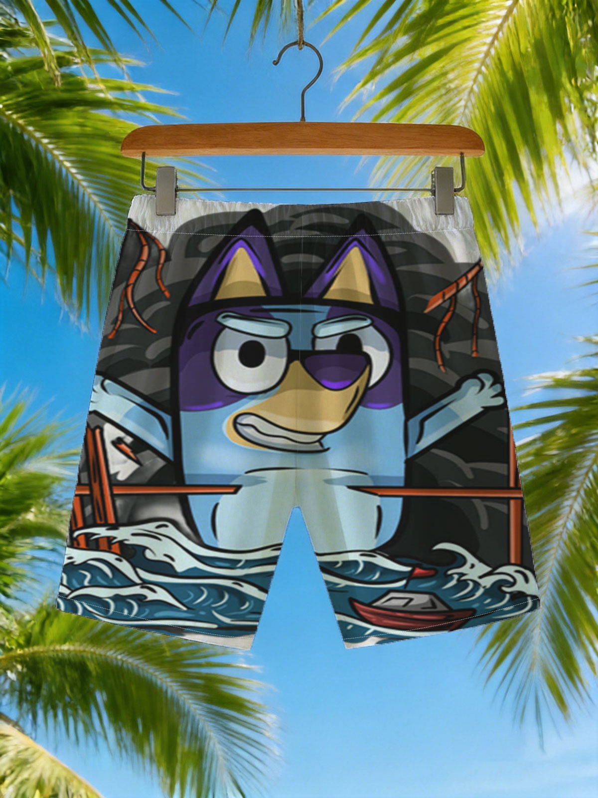 Bluey the Pirate Dog in a Stormy Sea Adventure -  Beach shorts