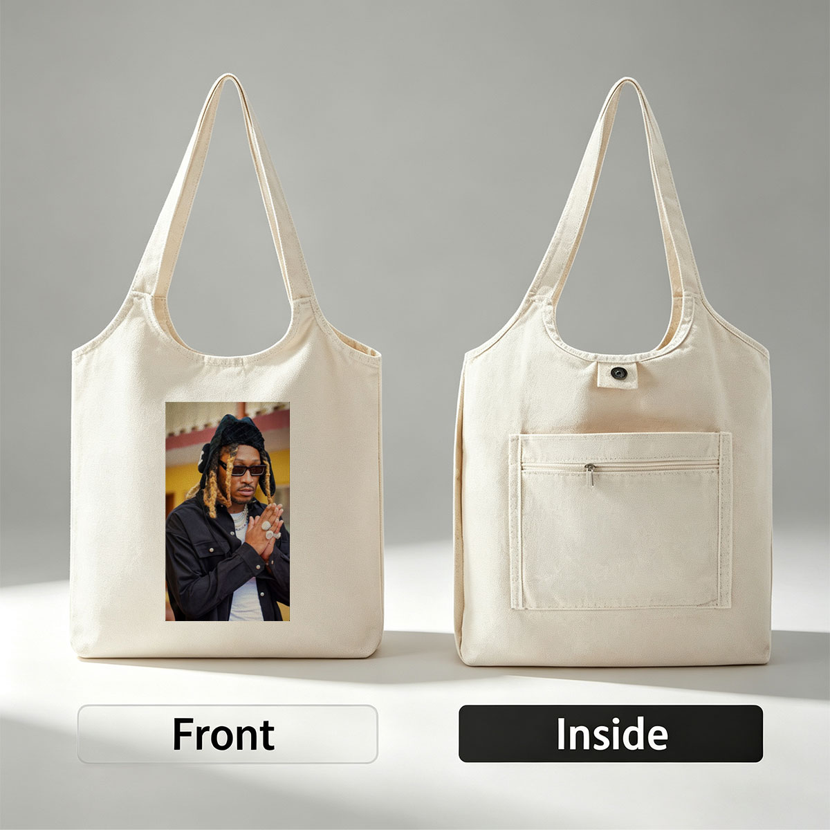 Wiz Khalifa in a stylish urban look with dreadlocks, sunglasses, and layered jewelry, hands clasped in front of a colorful building. - Canvas shoulder bags/