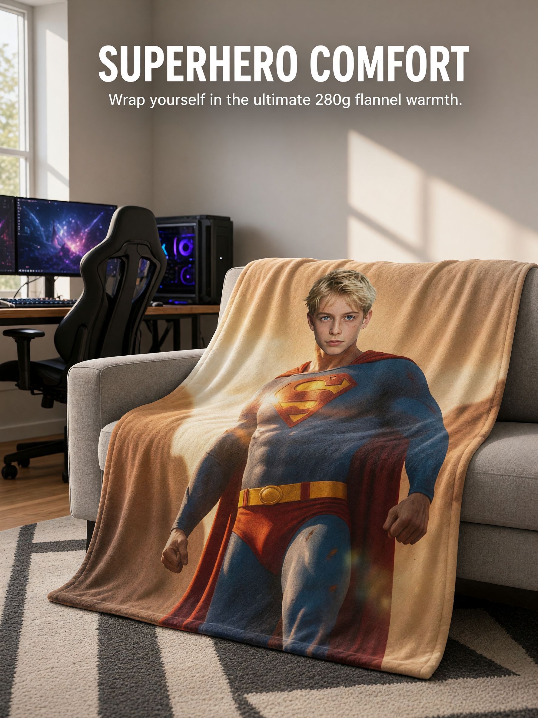 Personalized Superhero Face Photo Blanket, Ultra-Soft Flannel Fleece Throw, Ideal Custom Gift for Kids and Adults