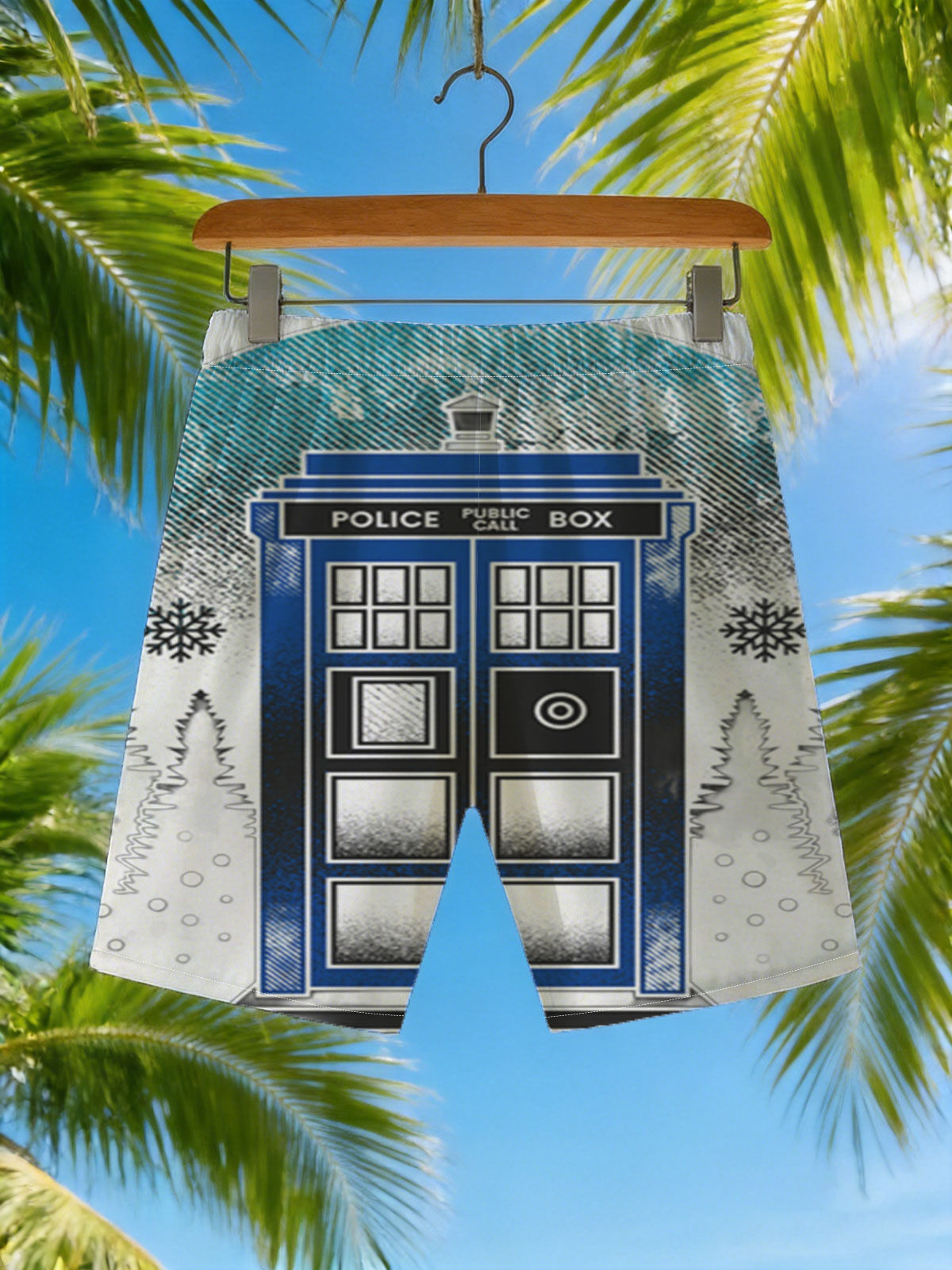 TARDIS in Winter Wonderland: Police Box Amid Snowy Pines -  Beach shorts