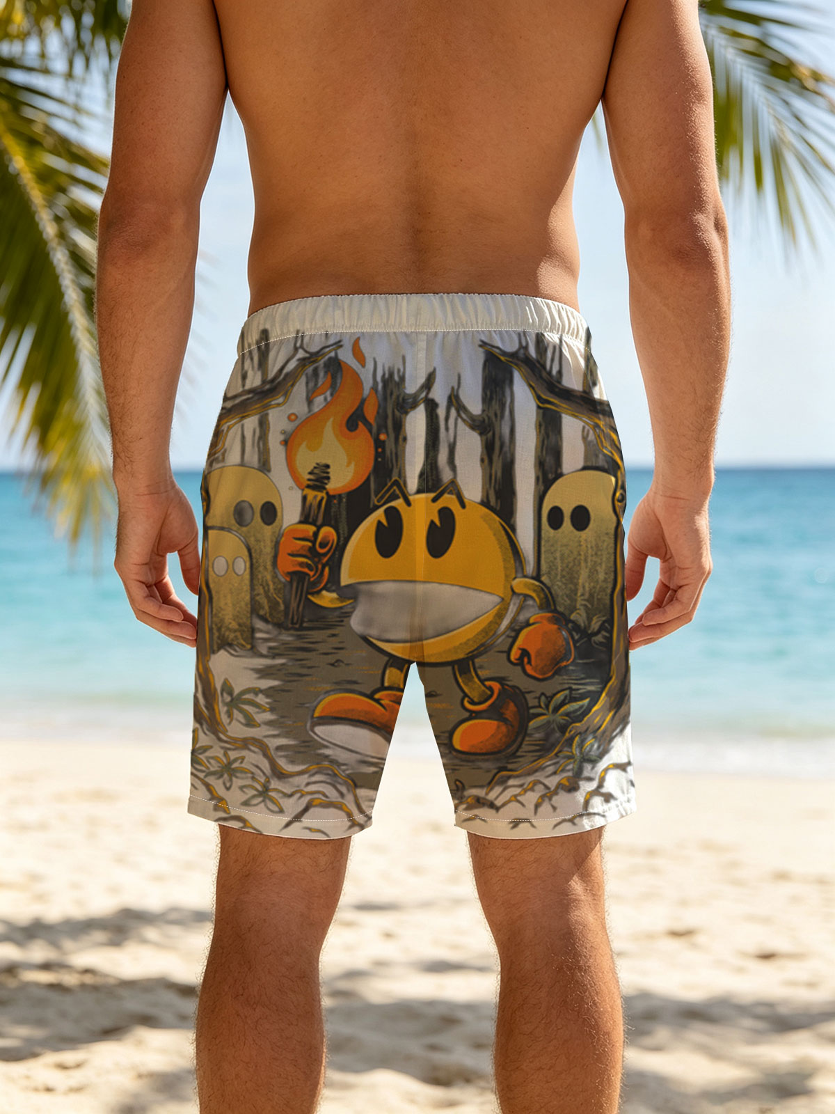 Pac-Man in the Haunted Forest with Ghosts and Torch -  Beach shorts