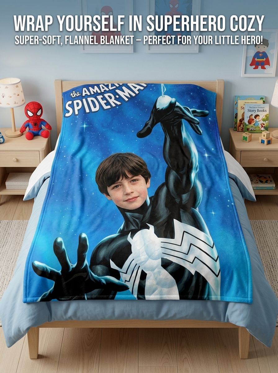 Custom Face Photo Superhero Flannel Blanket Soft Anti Pilling Throw Personalized Comic Gift for Kids Bed and Sofa