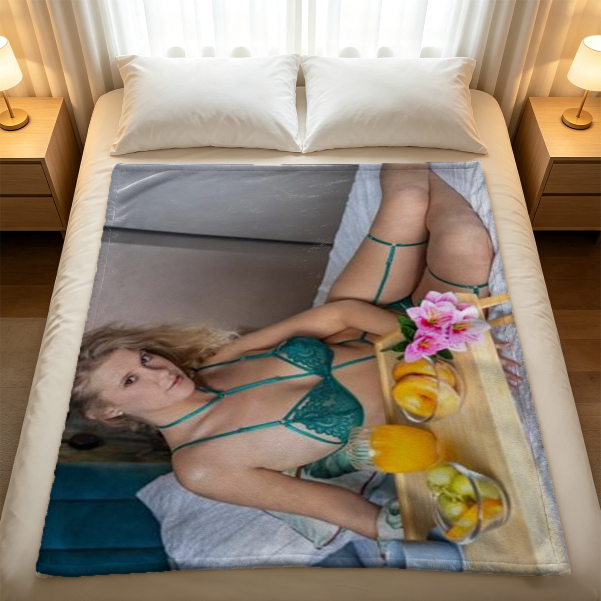 Asian woman in brown crop top and white panties stretching on couch - Blanket
