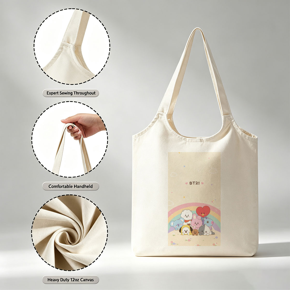 BT21 Characters Gathering Under a Rainbow in a Cute Pastel Scene - Canvas shoulder bags/