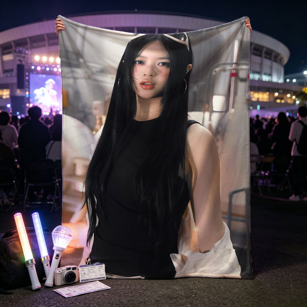 Hanni of NewJeans in a Futuristic Studio Setting Wearing a Black Top and White Ruffled Skirt with Sunglasses on Head - Blankets
