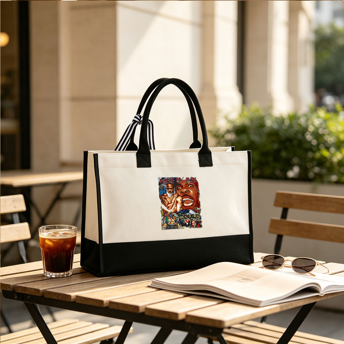 Where My Eyes Could See: A Visual Journey with Tattooed Figures and Urban Scenes - Canvas patchwork gift tote bag