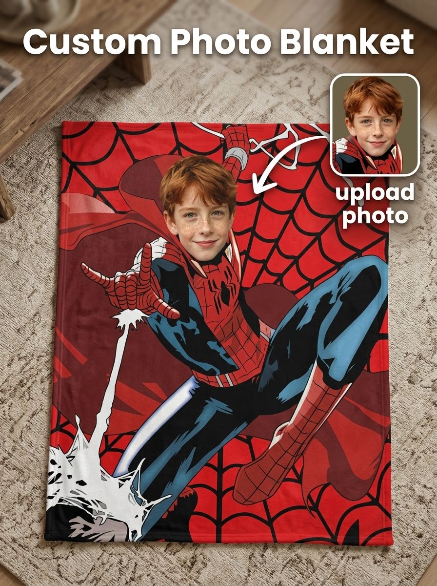 Custom Face Photo Superhero Flannel Fleece Blanket Personalized Comic Hero Throw Cozy Bedding Gift for Kids and Adults