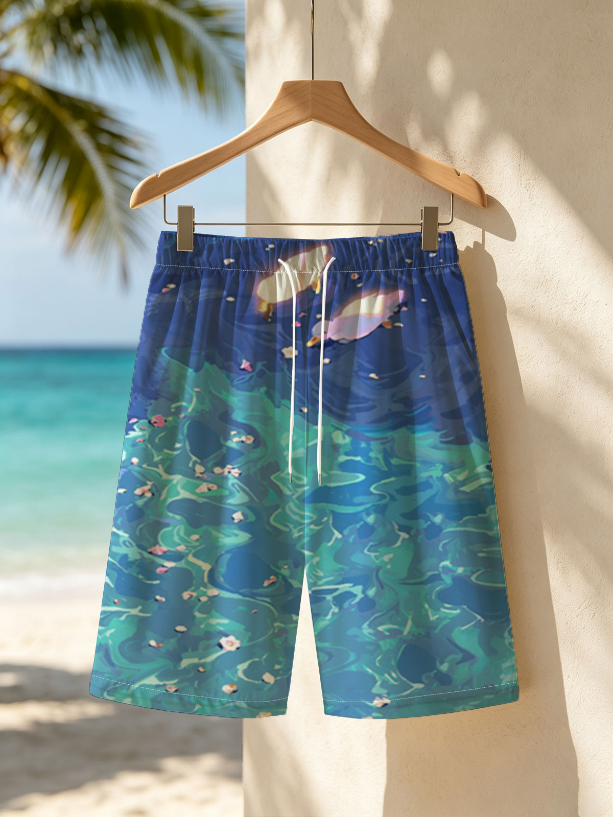 Ducks floating on a vibrant blue pond with scattered petals -  Beach shorts