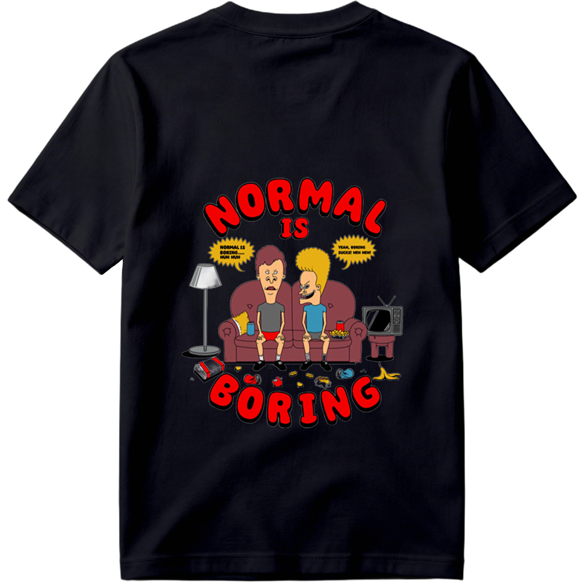 Normal Is Boring: Two Cartoon Characters on Couch with Chaos Around - Tee
