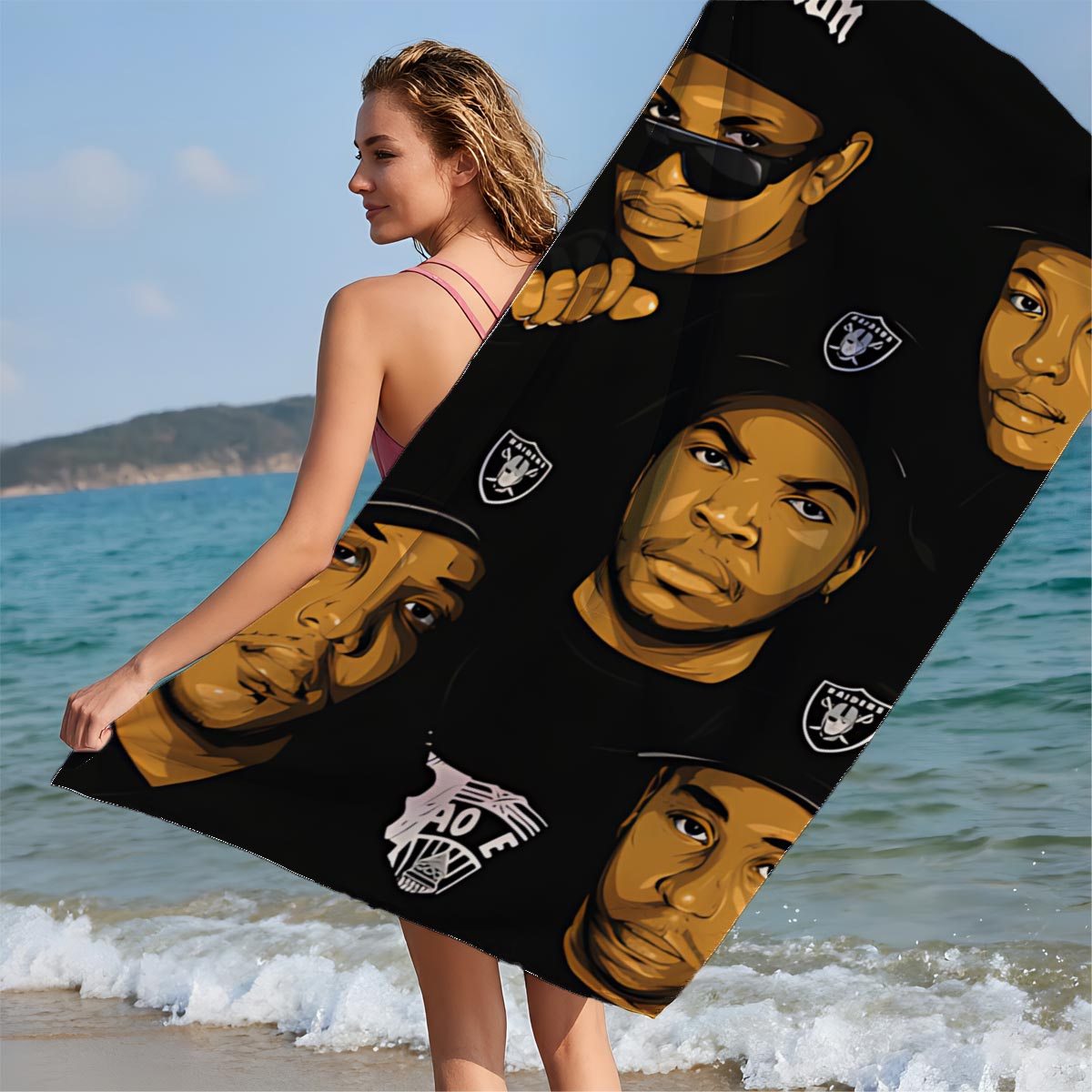 N.W.A. Members in Compton Style: Ice Cube, Dr. Dre, Eazy-E, MC Ren, DJ Yella - Beach towels