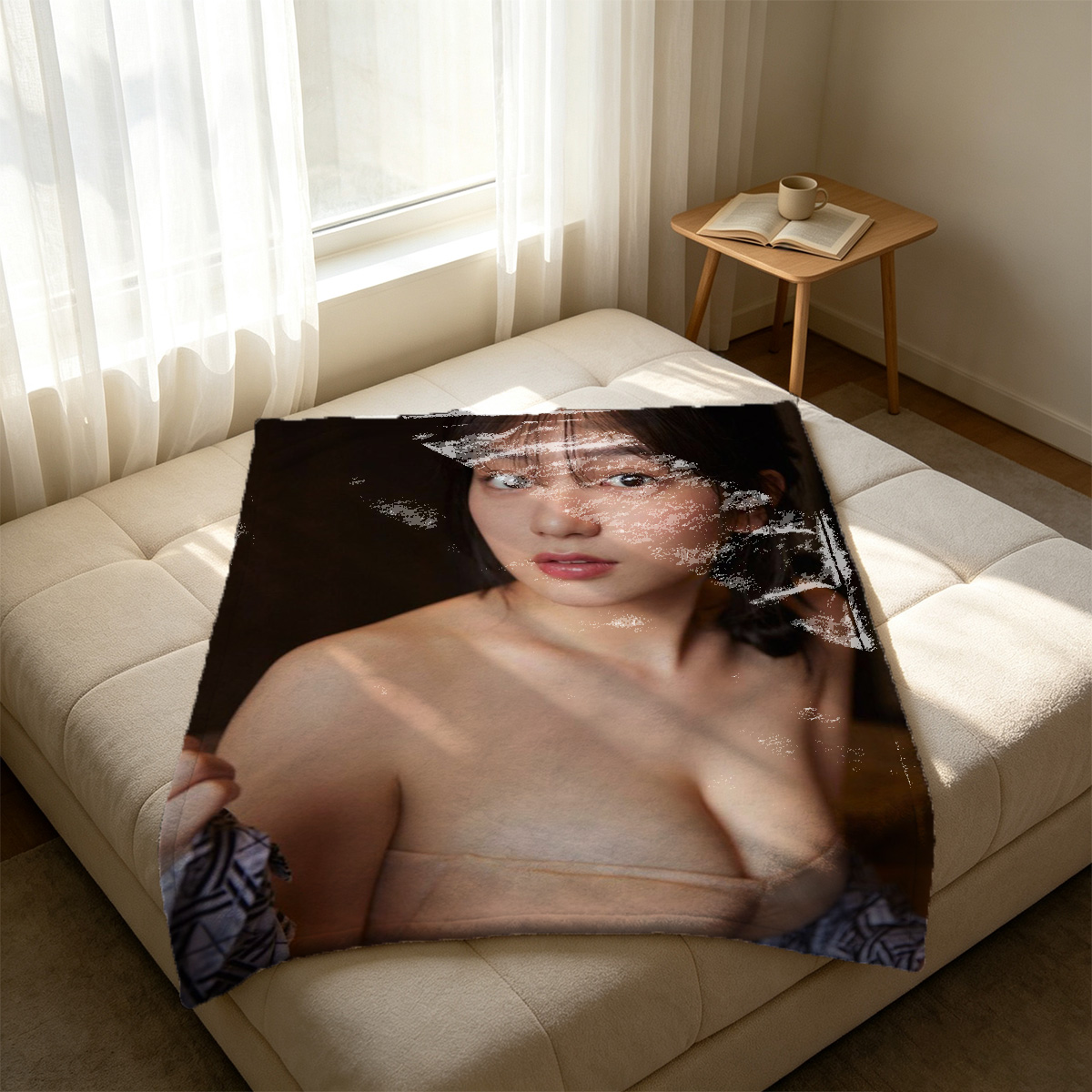 Redhead in pink floral lingerie bending over chair by window. - Blanket
