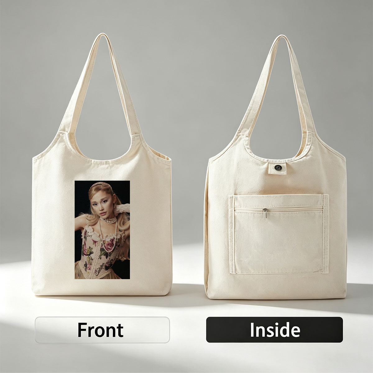 Ariana Grande in Elegant Floral Corset with Pearl Necklace and Vintage Style Pose - Canvas shoulder bags/