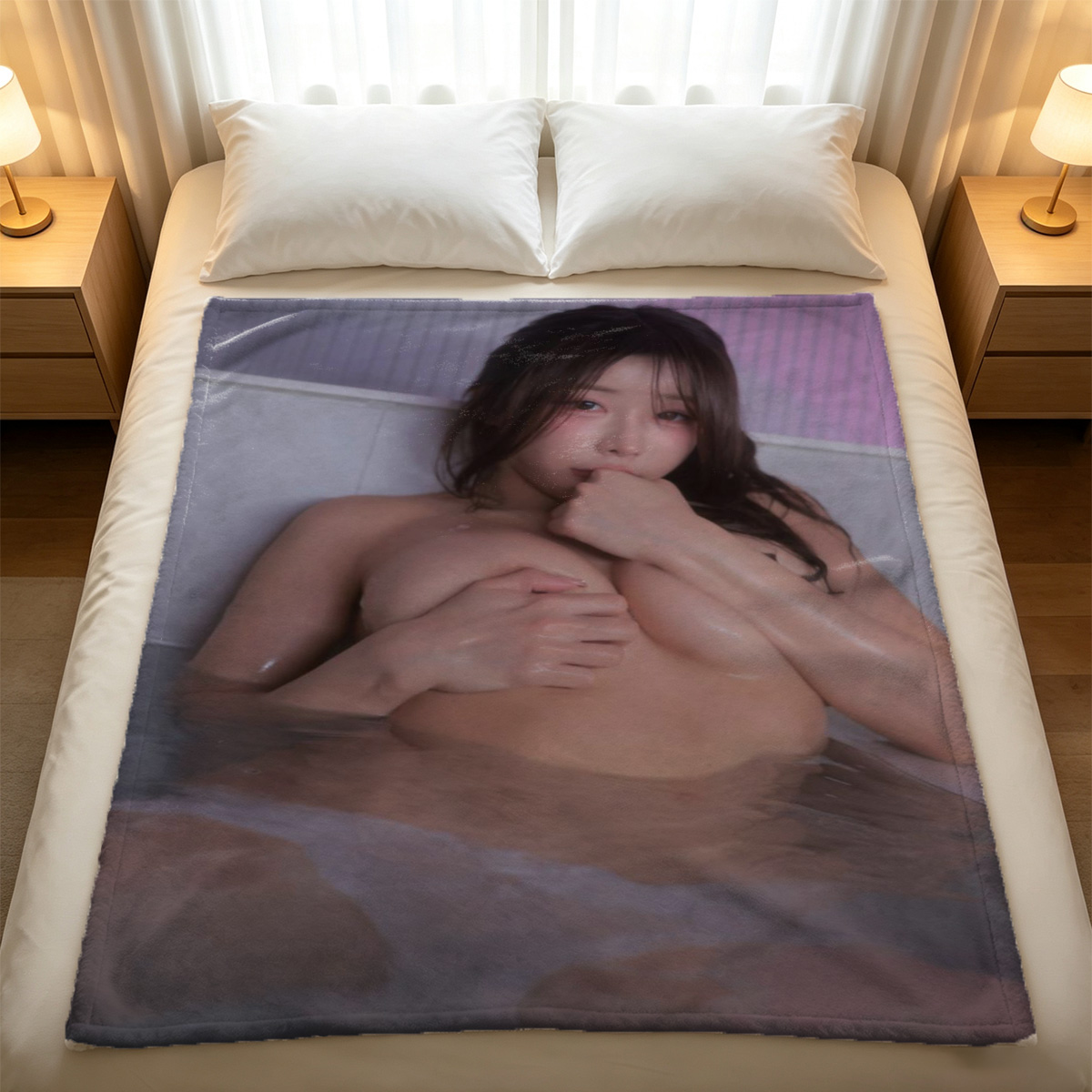 Nude Blonde on Brown Leather Couch - Blanket
