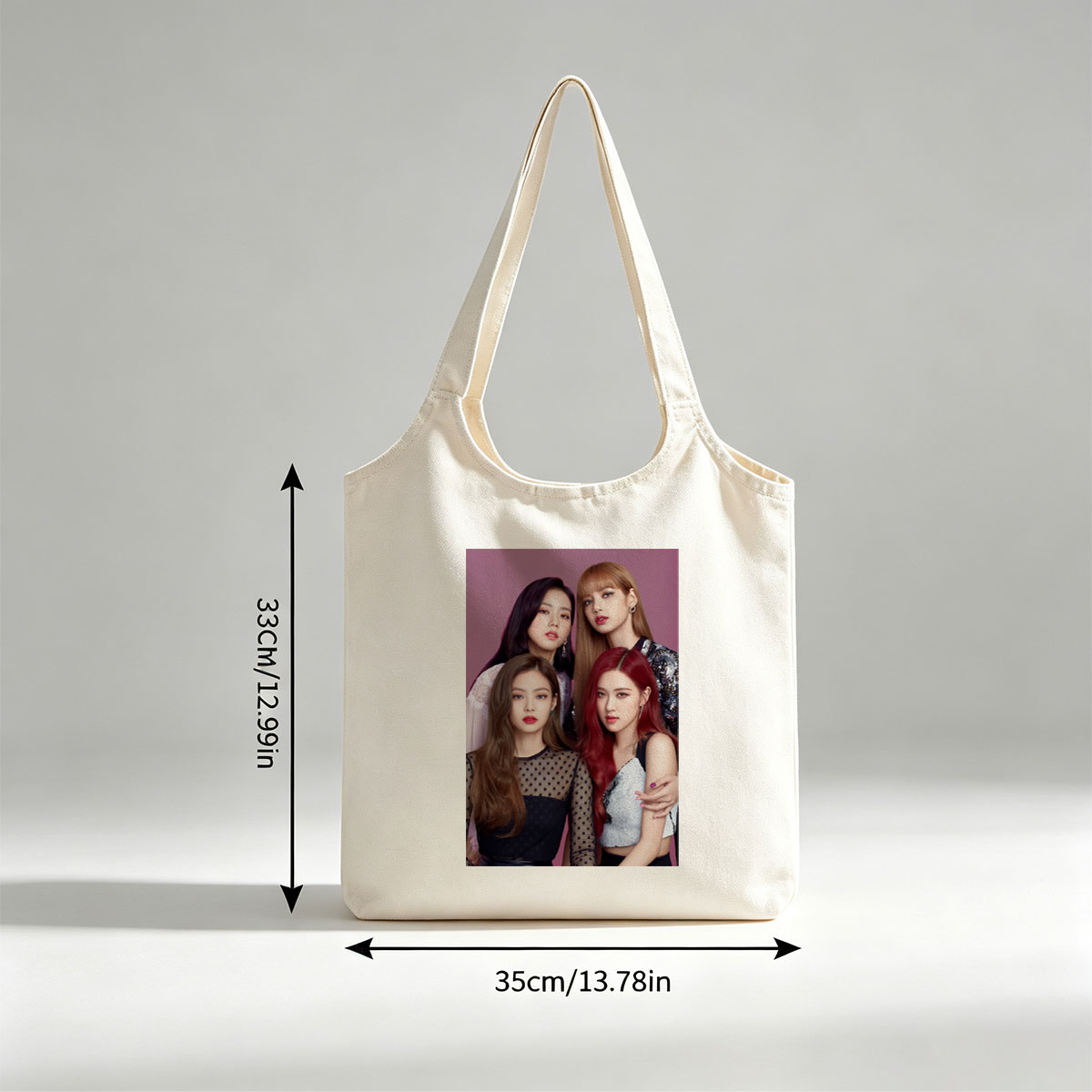 BLACKPINK Group Portrait - Four Members in Stylish Outfits Against Purple Background - Canvas shoulder bags/