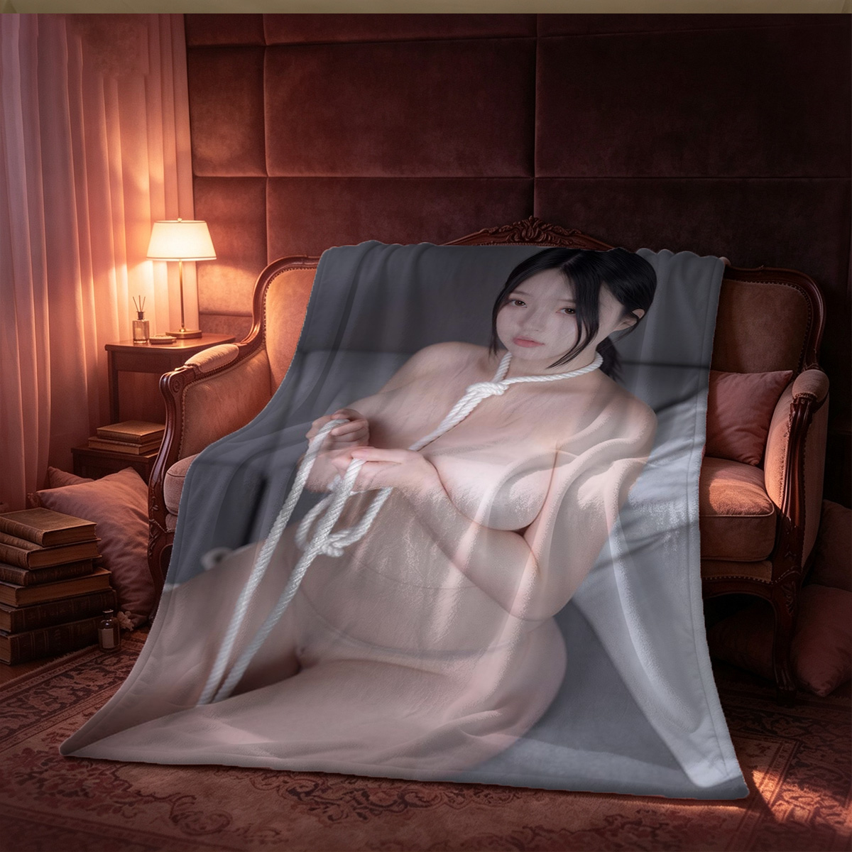 Woman in black lace lingerie and garter posing with feather tickler on bed. - Blanket