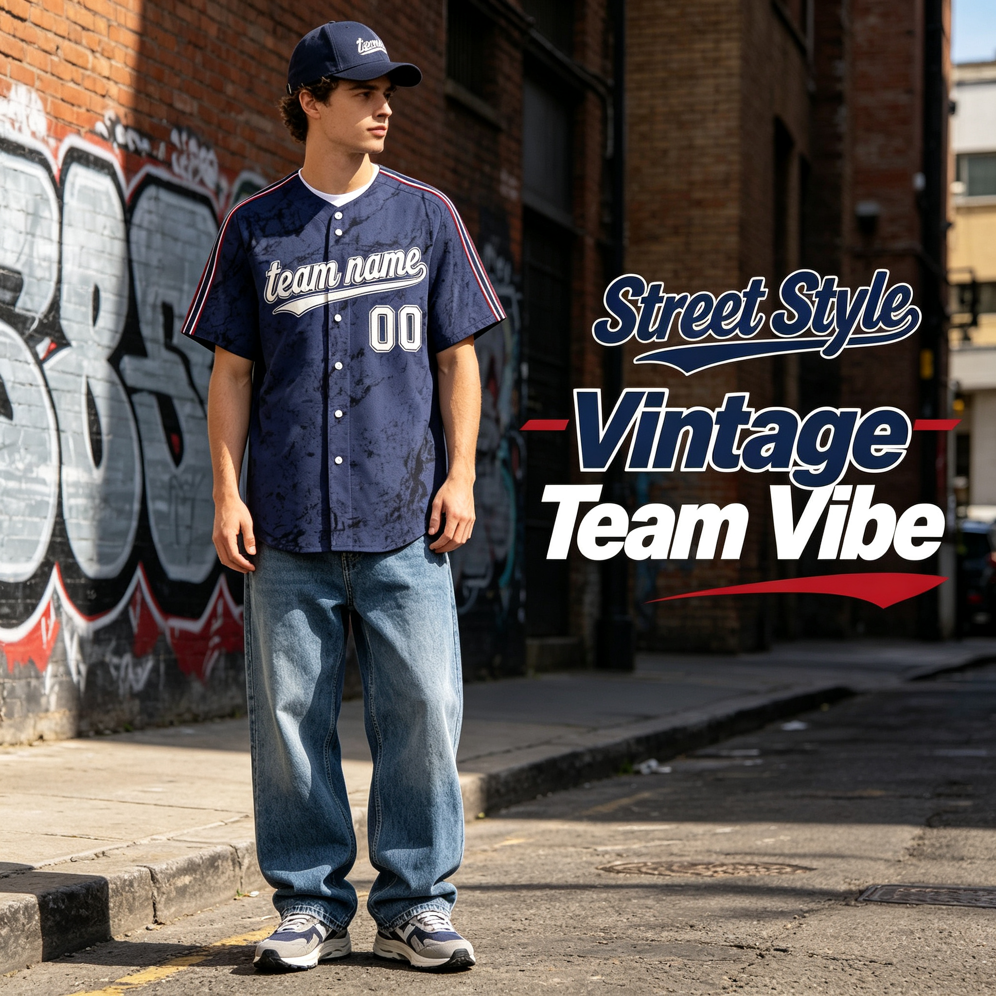 Custom Printed Cleveland City Style Baseball Jersey Heather Navy Textured Button Down Shirt for Men and Women