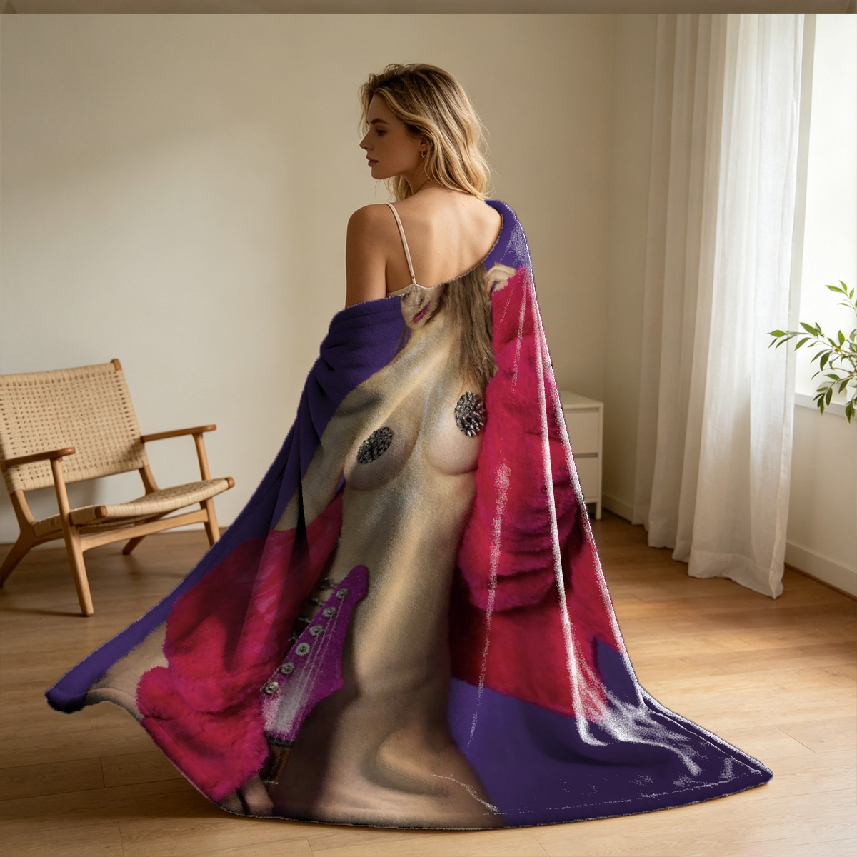 Mom and Daughter Drawing on the Floor in Floral Dress and Casual Homewear - Blanket