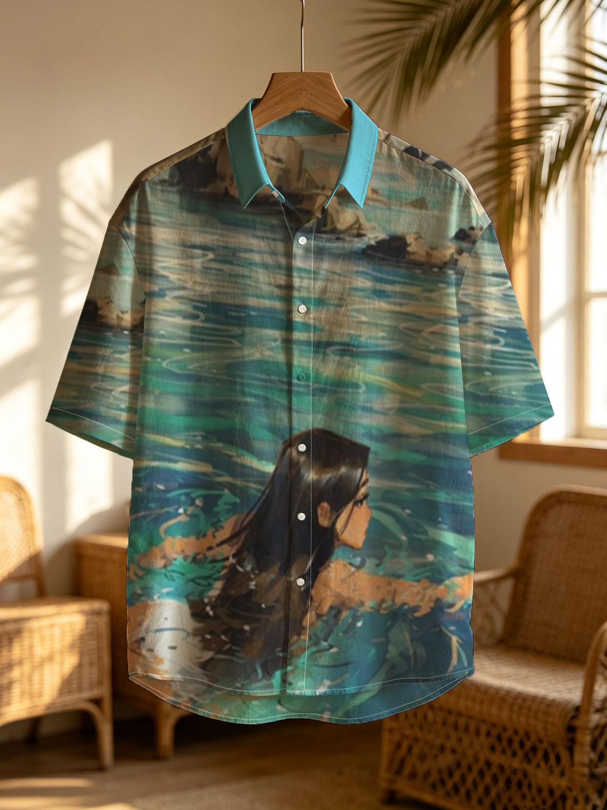 Woman swimming in clear blue water near rocky shore -  Shirt