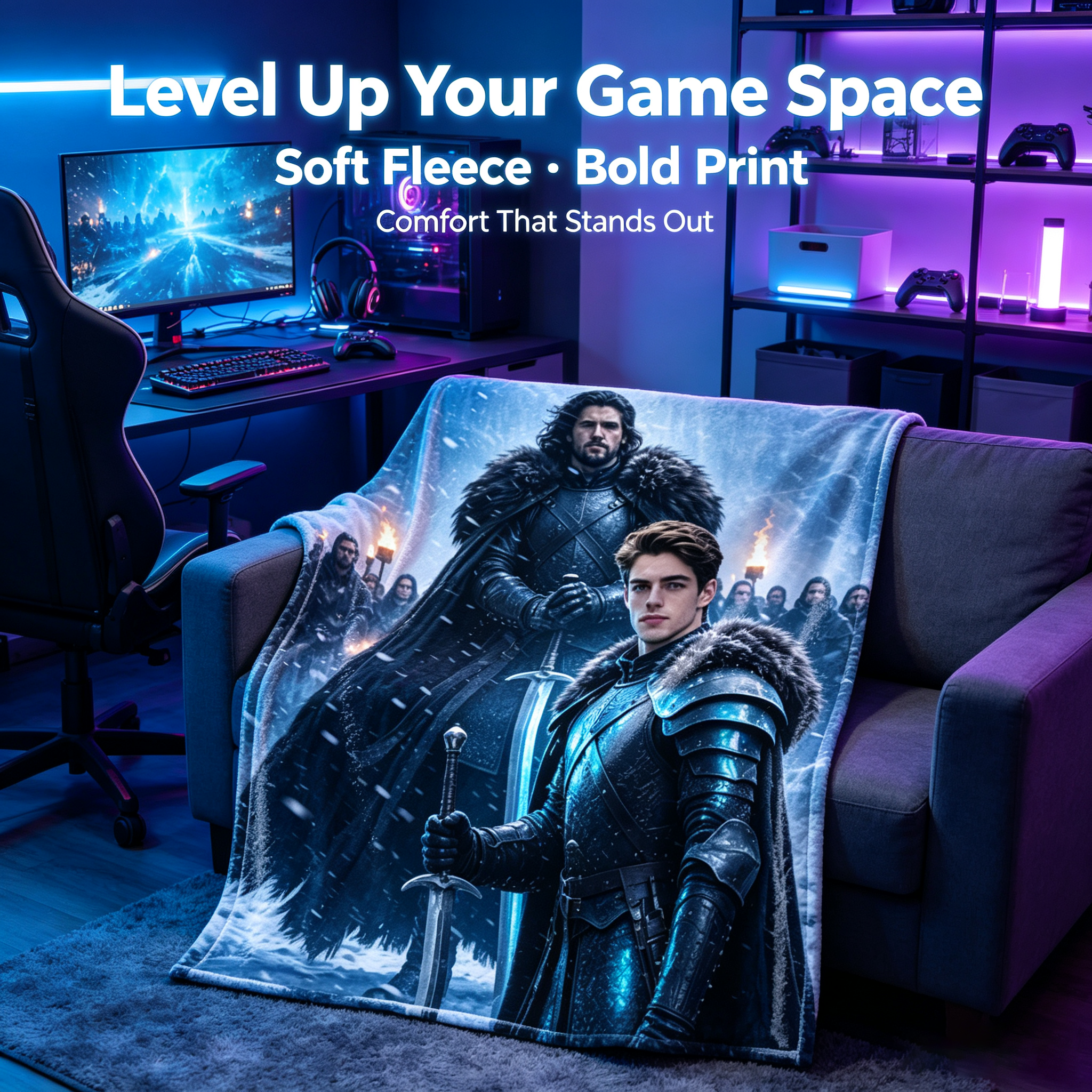Custom Face Blanket Game of Thrones Jon Snow and Young Warrior Flannel Blanket Cozy Winter Bedding Gift for Fans and Collectors