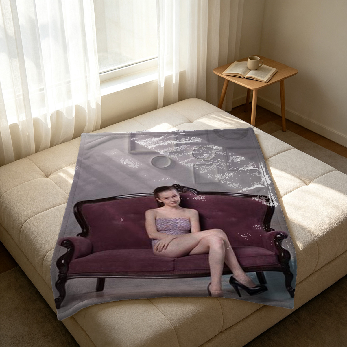 Nude Brunette Posing on Lace-Covered Table in Elegant Room - Blanket