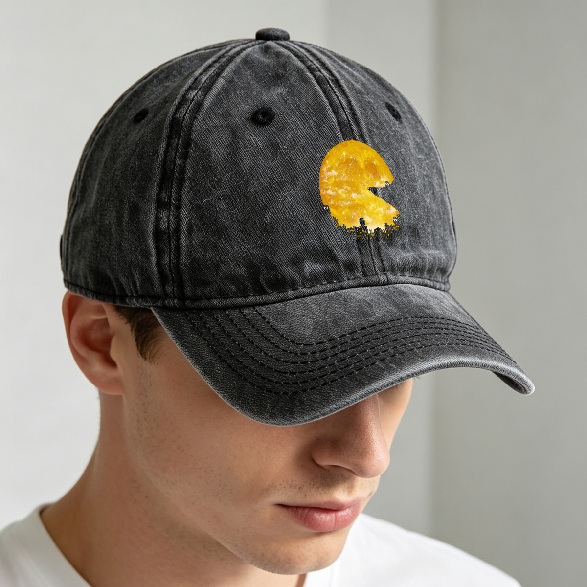 Pac-Man Cityscape Under the Moon - Washed Denim - Baseball Cap