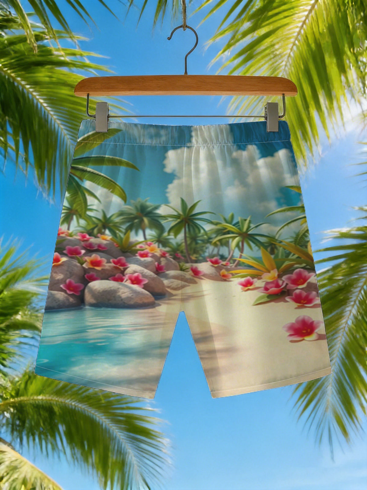 Tropical Beach with Palm Trees and Pink Flowers -  Beach shorts