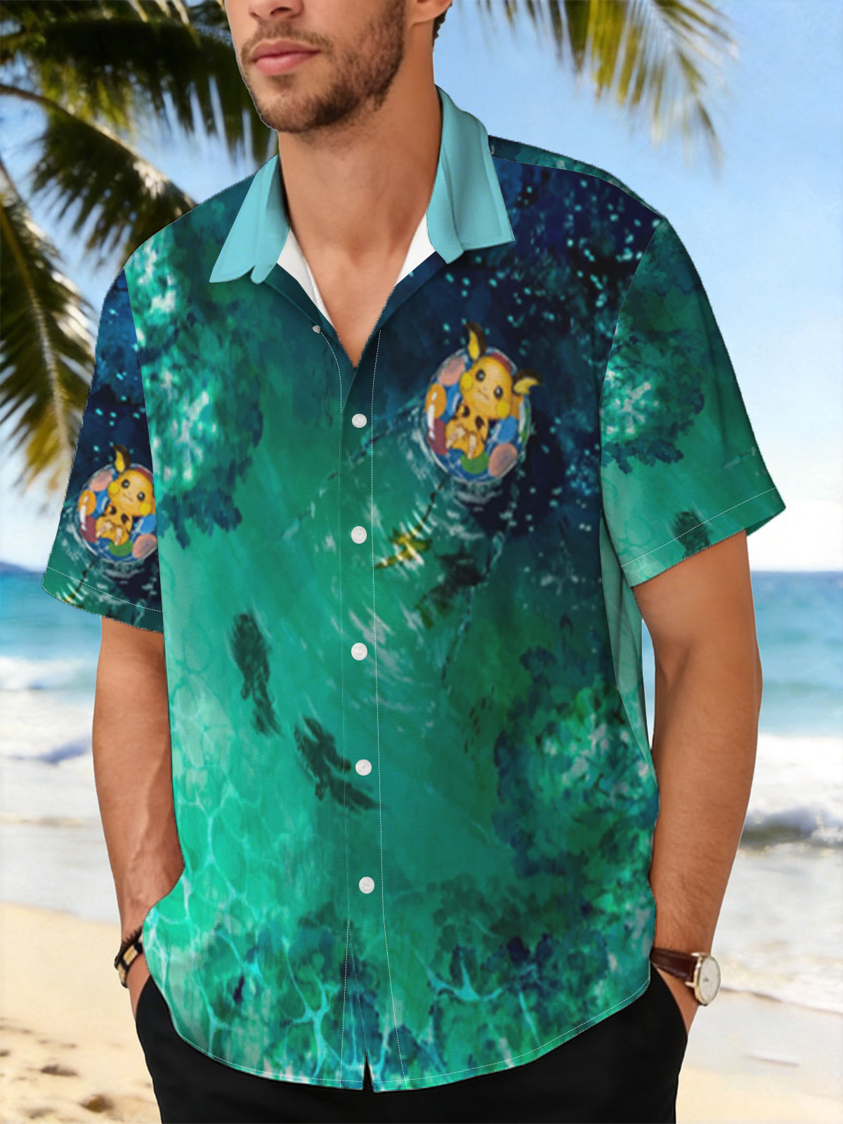 Pikachu floating on a colorful ring in a serene, turquoise pool with fish swimming below. -  Shirt