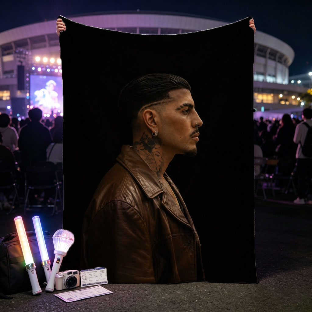 Bad Bunny in Profile Portrait Wearing Brown Leather Jacket Against Black Background - Blankets