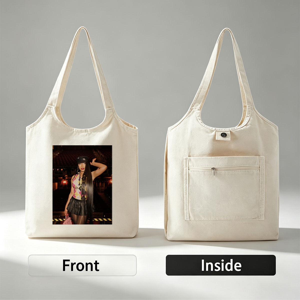 Cardi B in a Bold Outfit at a Concert Venue with Vibrant Lighting and Stage Setup - Canvas shoulder bags/