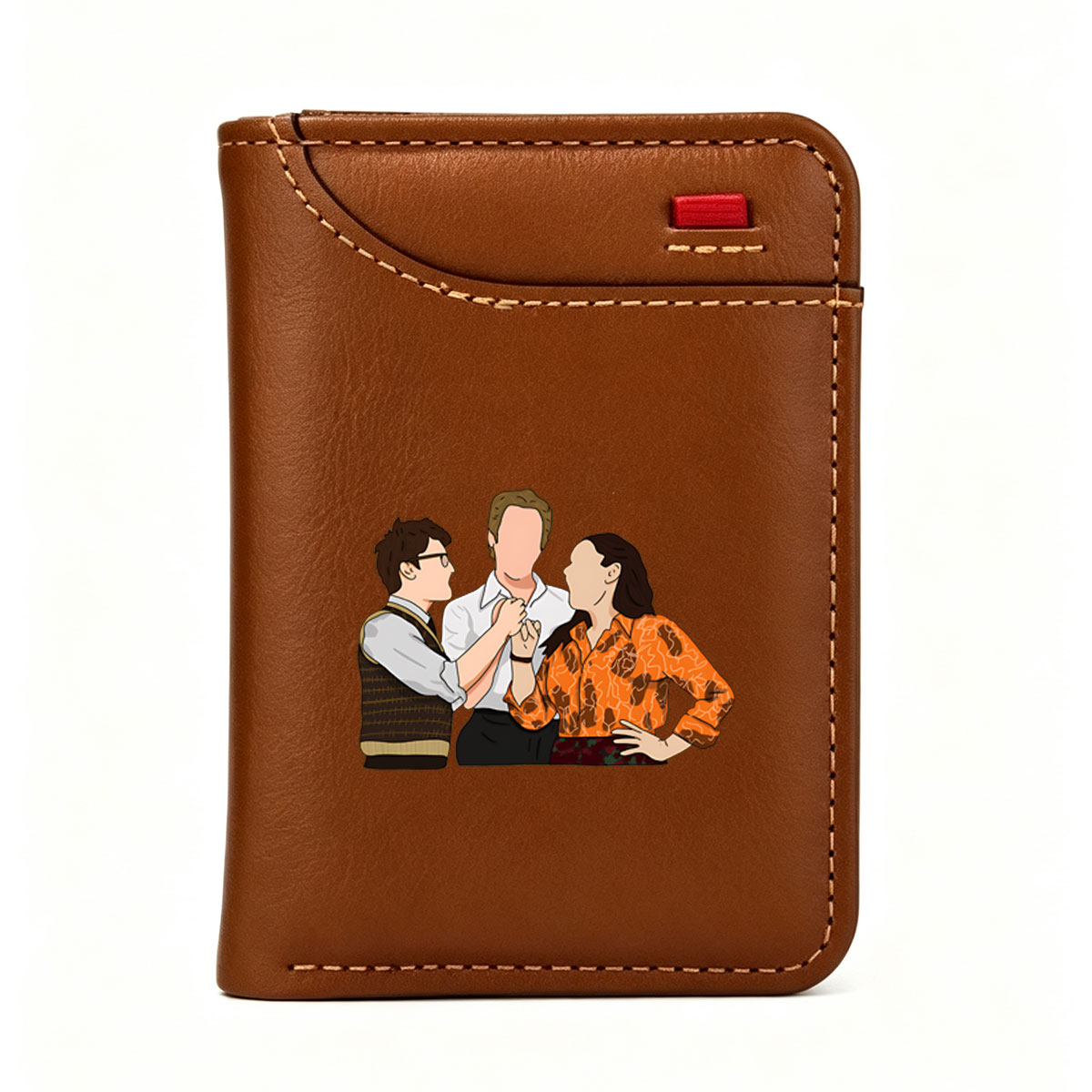 Three Characters in a Tense Interaction: Man in Vest, Central Figure, and Woman in Orange Shirt - Vertical Style Wallet