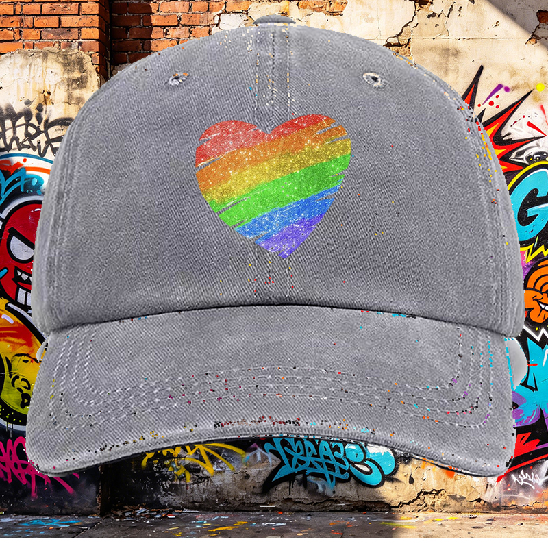 Men's Rainbow Heart Print Washed Cap Casual Round Brim Summer Lightweight Hat for Outdoor Activities and Pride Events Adults Unisex Fashion Accessory