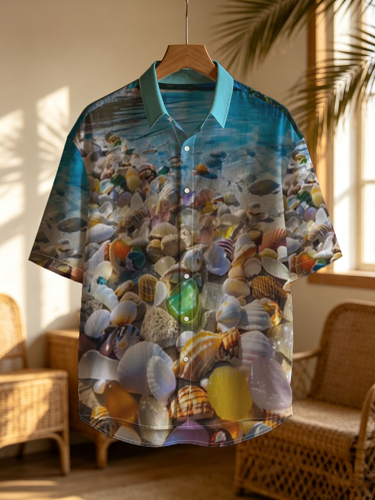 Colorful seashells on a tropical beach with clear blue water and sky. -  Shirt