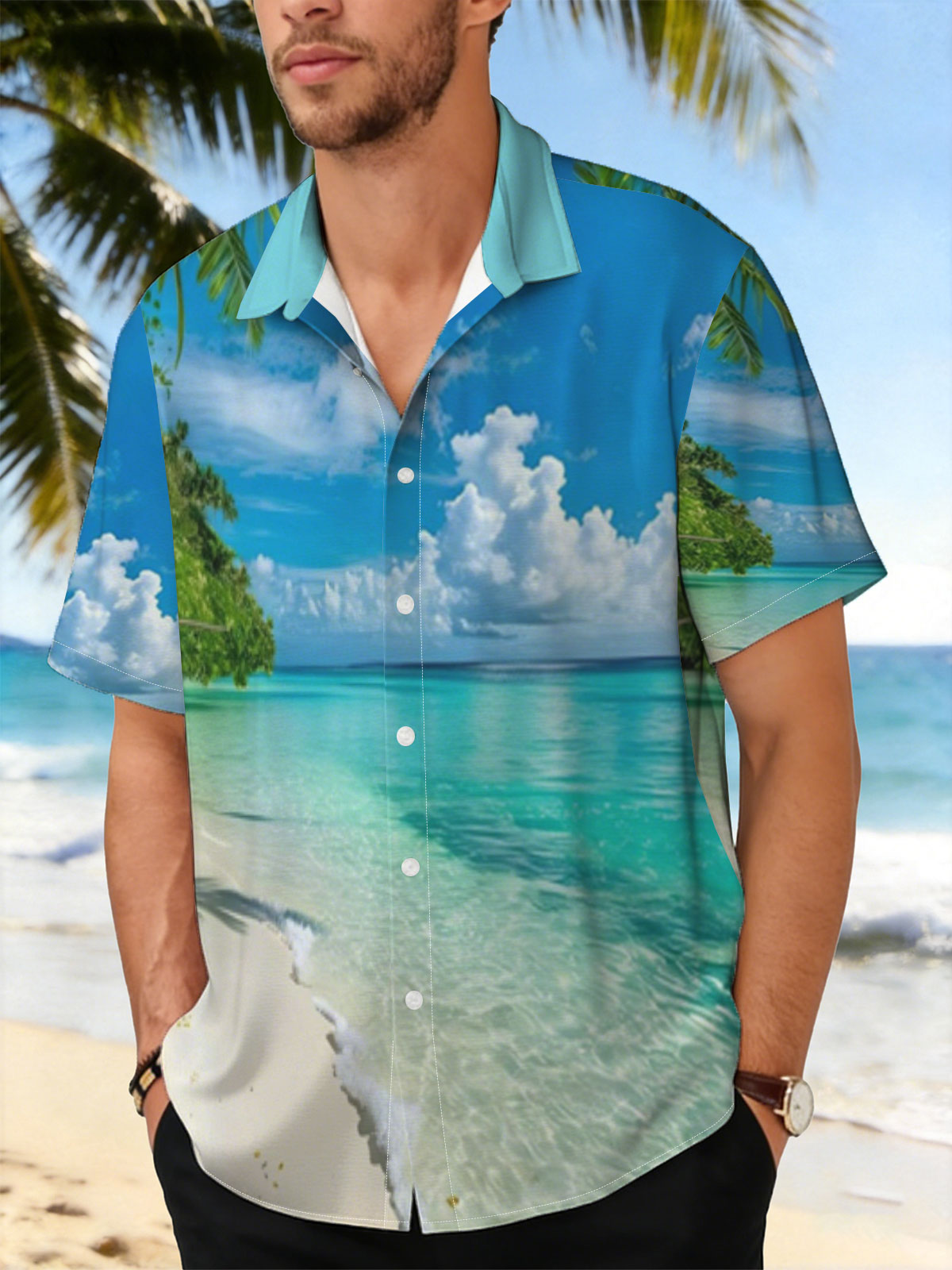 Tropical Beach with Crystal Clear Water and Palm Trees -  Shirt