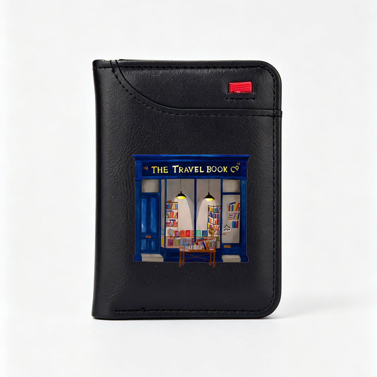 The Travel Book Co: A Cozy Bookstore with Colorful Shelves and Open Sign - Vertical Style Wallet