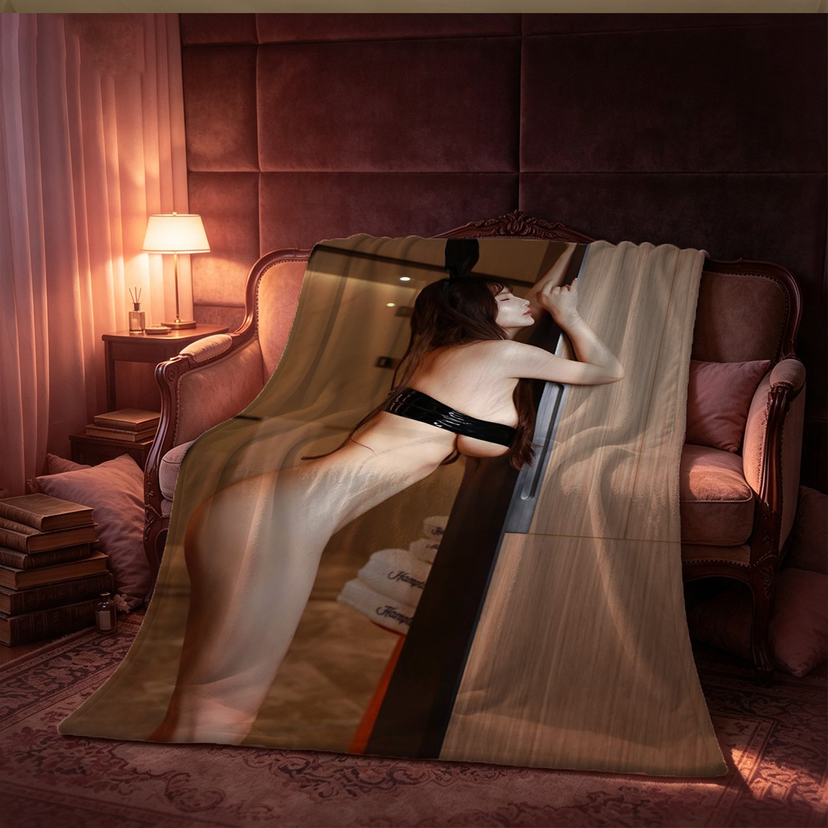A woman in white lace lingerie and stockings sits on a sofa, holding a black high heel. - Blanket