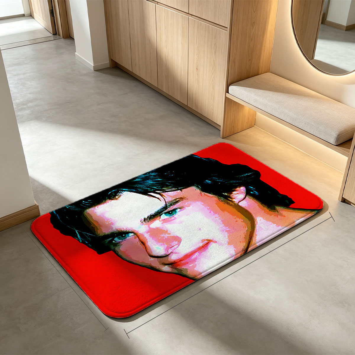 Tom Cruise in a stylized portrait with vibrant red background - Flannel floor mat