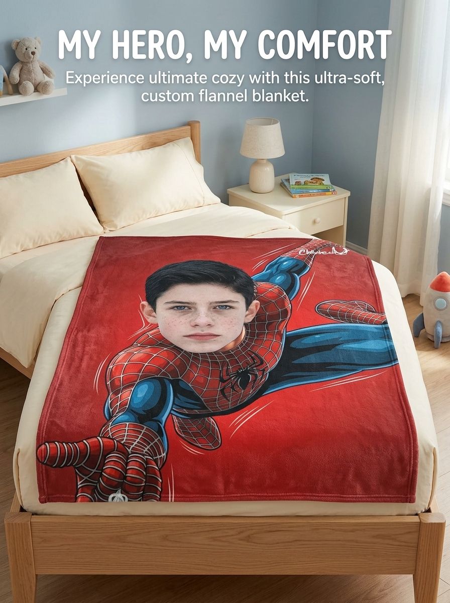 Personalized Face Photo Superhero Flannel Fleece Blanket, Ultra Soft Anti-Pilling Cozy Throw for Kids and Adults Gift