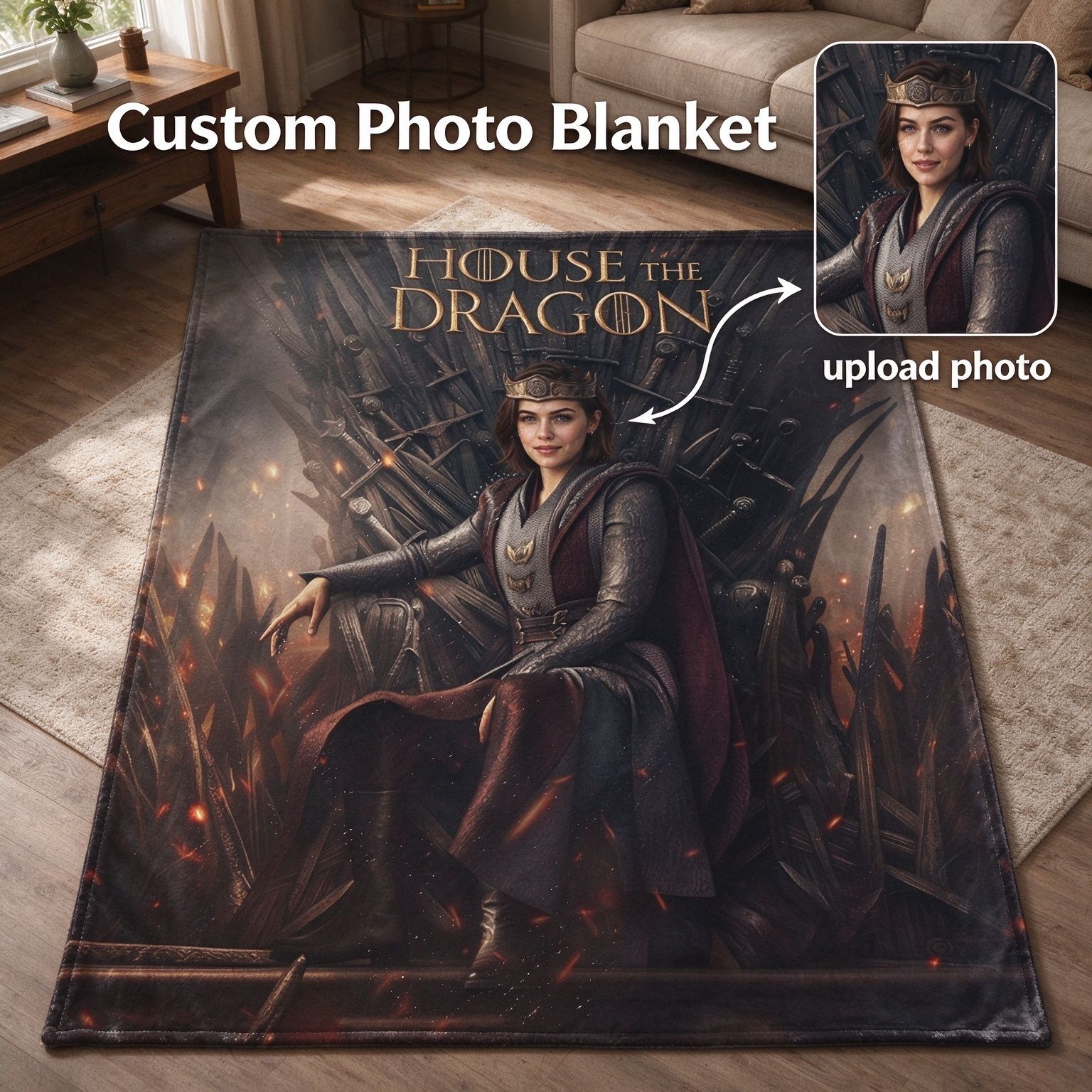 Custom Face Photo Blanket, Fantasy Throne Fleece Throw, Soft Skin-Friendly Flannel Cover, Ideal Personalized Gift