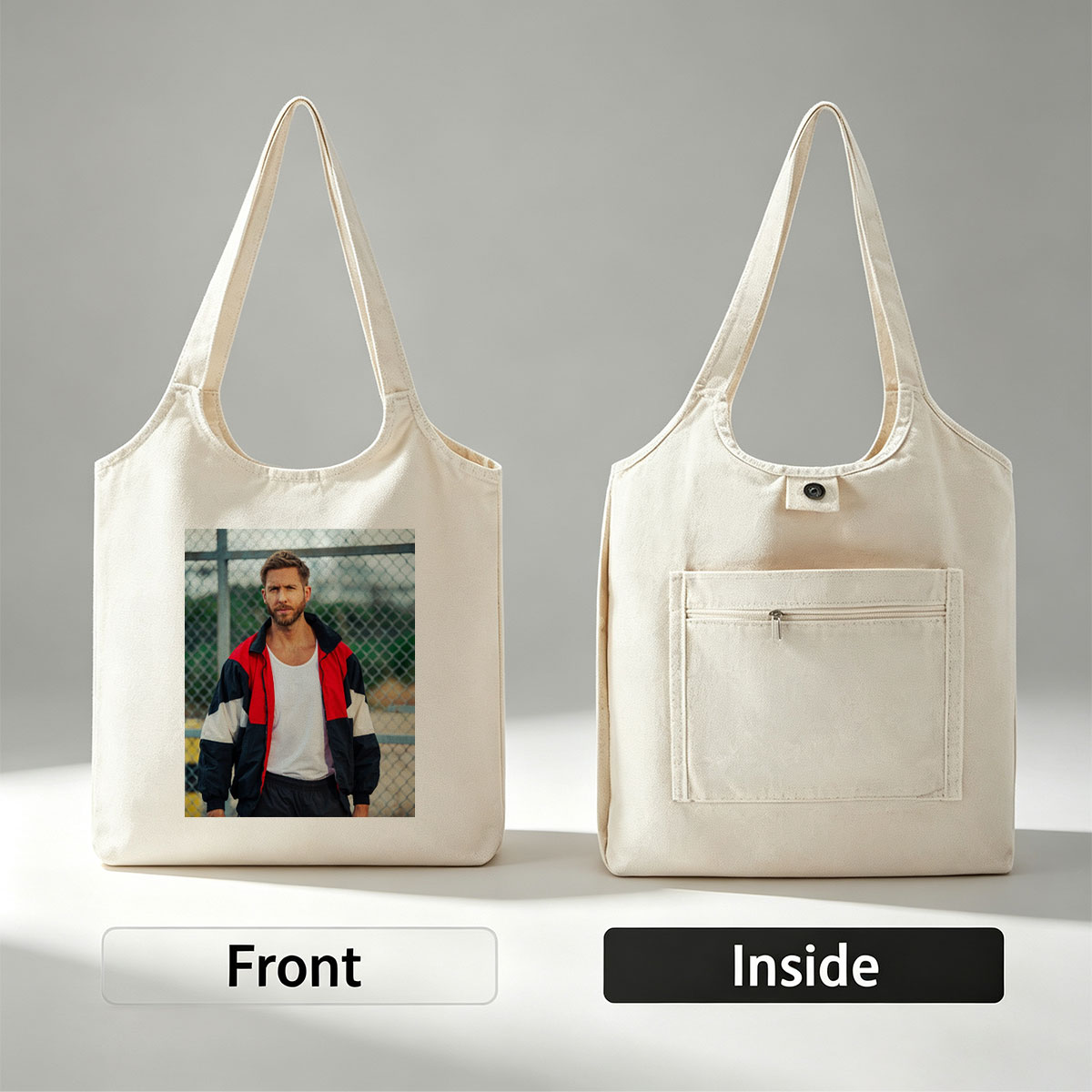 Ryan Gosling in Urban Outfit Standing by Chain-Link Fence - Canvas shoulder bags/
