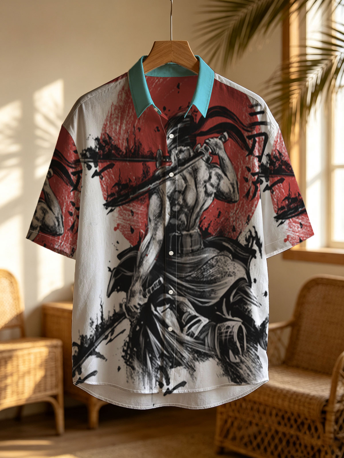 Samurai Warrior with Three Swords Against Red Sun Background -  Shirt