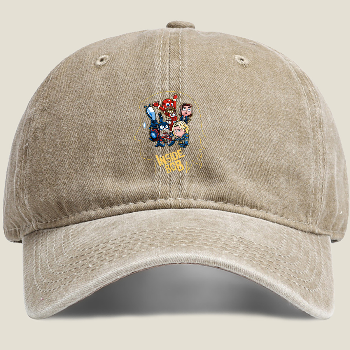 Inside Bob: Captain America, Black Widow, and Thor in Chibi Style - Washed Denim - Baseball Cap