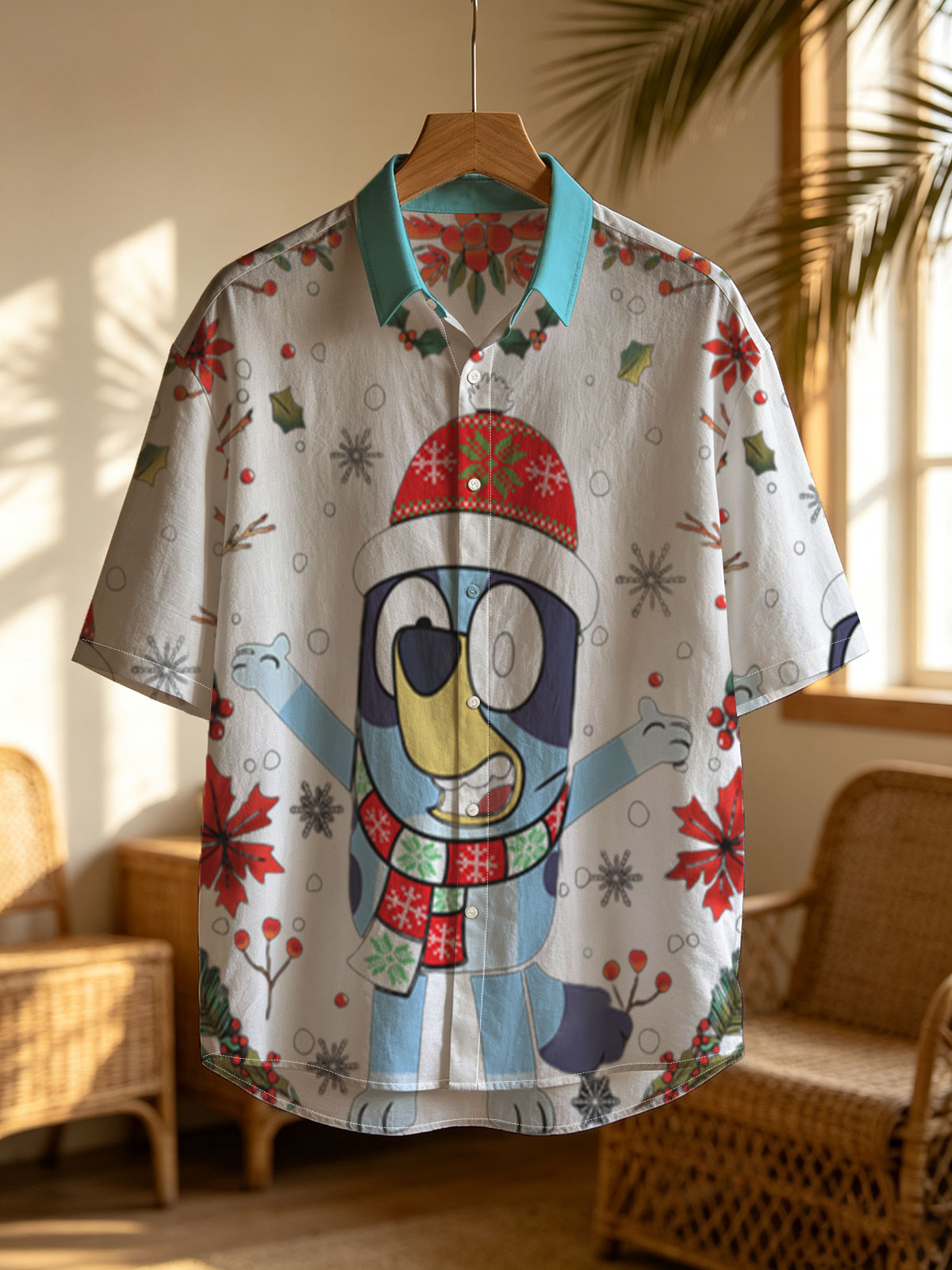 Bluey in Christmas Hat and Scarf, Festive Holiday Scene -  Shirt