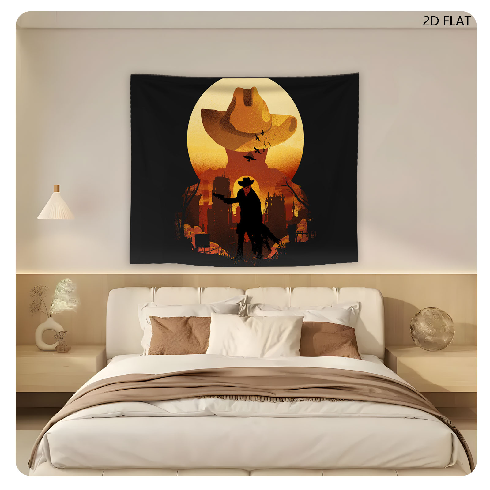 The Cowboy Silhouette Against a Moonlit Cityscape - Tapestry
