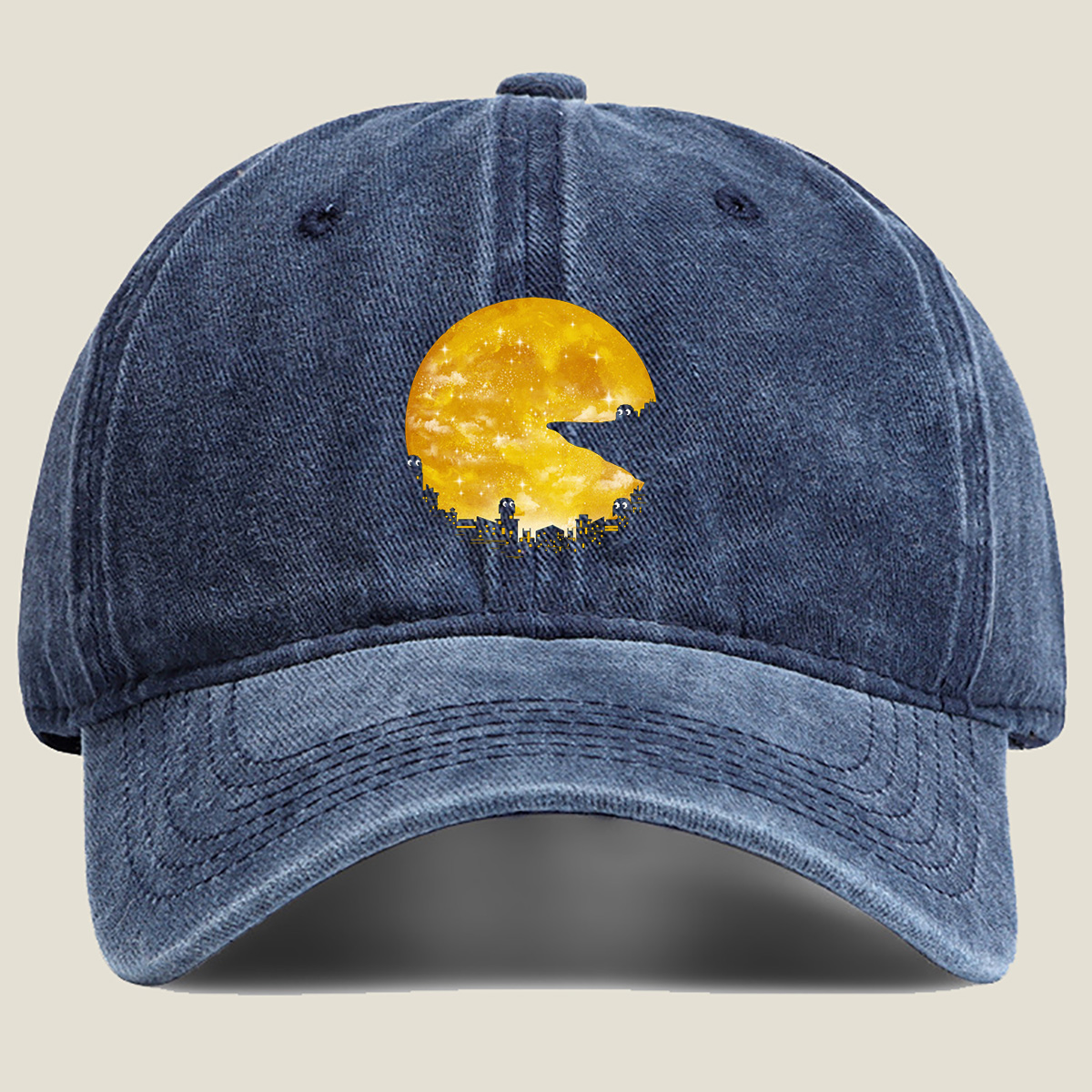 Pac-Man Cityscape Under the Moon - Washed Denim - Baseball Cap
