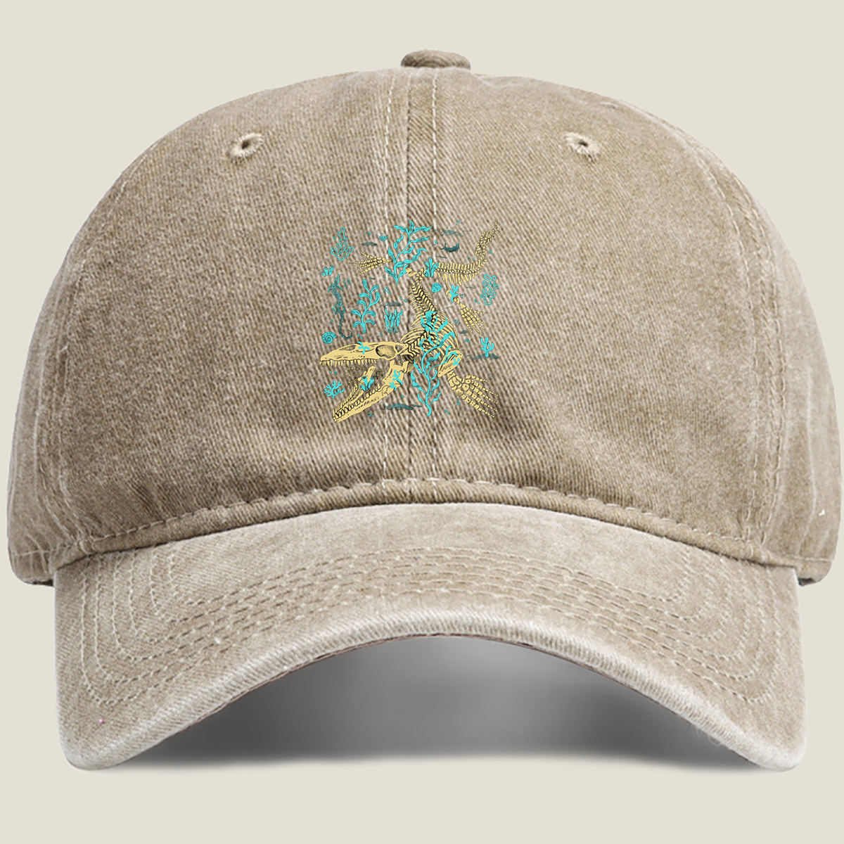 Mosasaurus Skeleton in Ocean Depths - Washed Denim - Baseball Cap