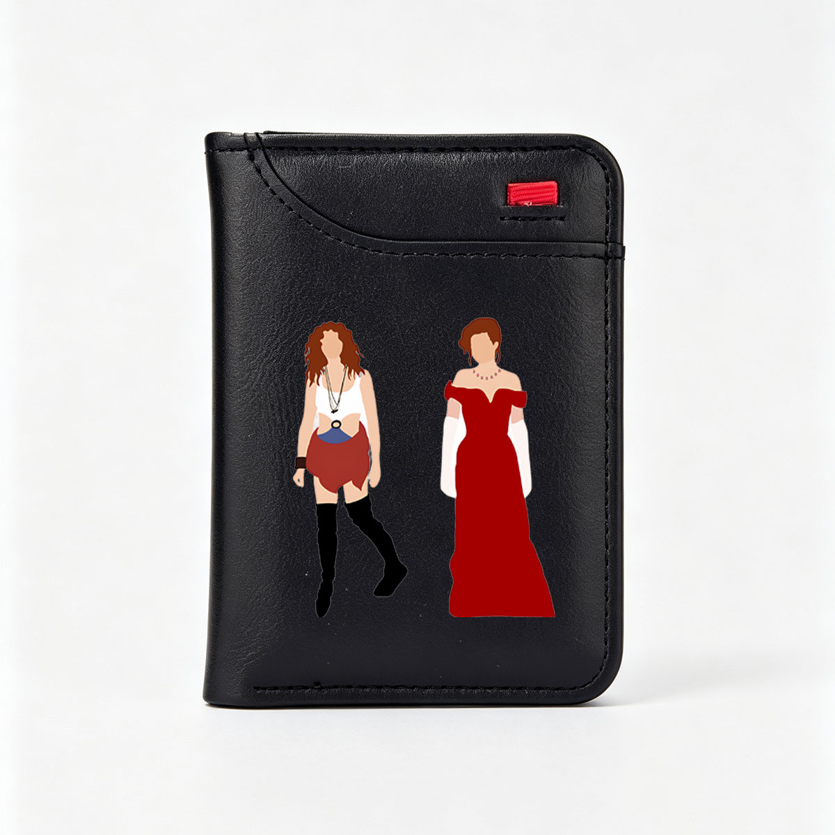 Two Women in Red Outfits: One in Casual Wear, One in Formal Gown - Vertical Style Wallet