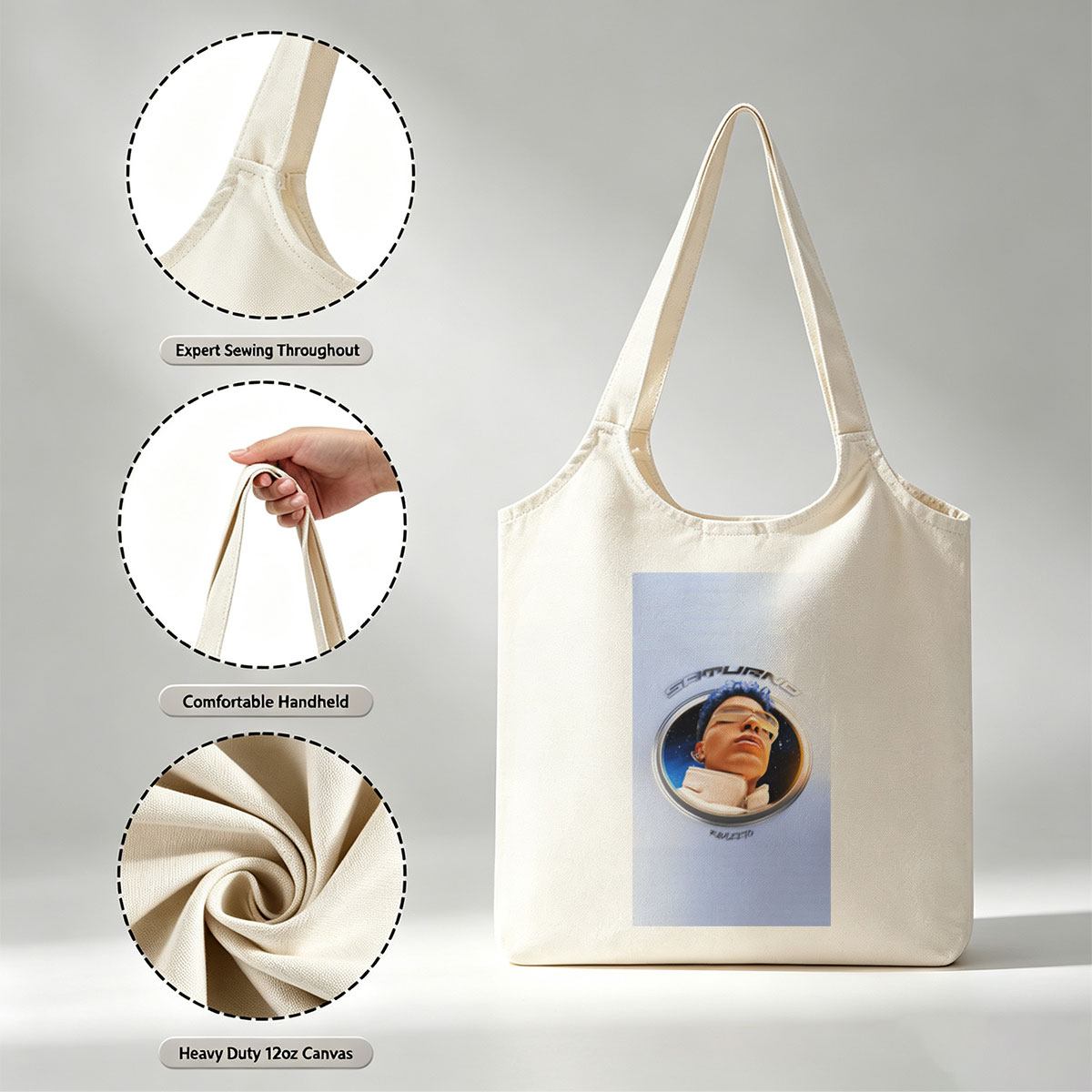 Rauw Alejandro in Space Through a Circular Window with Starry Background and Futuristic Look - Canvas shoulder bags/